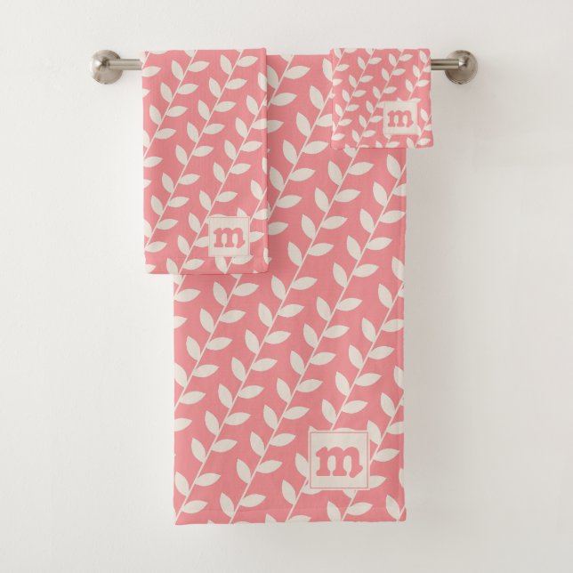 Custom Pink 70s Retro Leaf Pattern Monogram Bath Towel Set (Insitu)