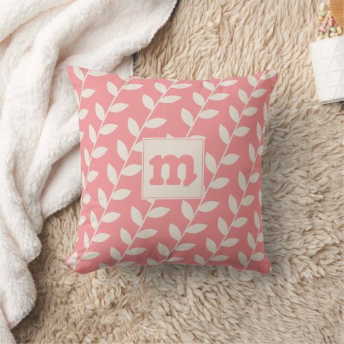 Custom Pink 70s Retro Leaf Pattern Monogram Throw Pillow