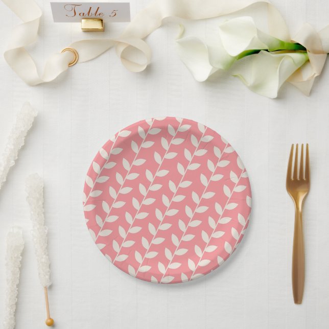 Custom Pink 70s Retro Leaf Pattern  Paper Plates (Wedding)
