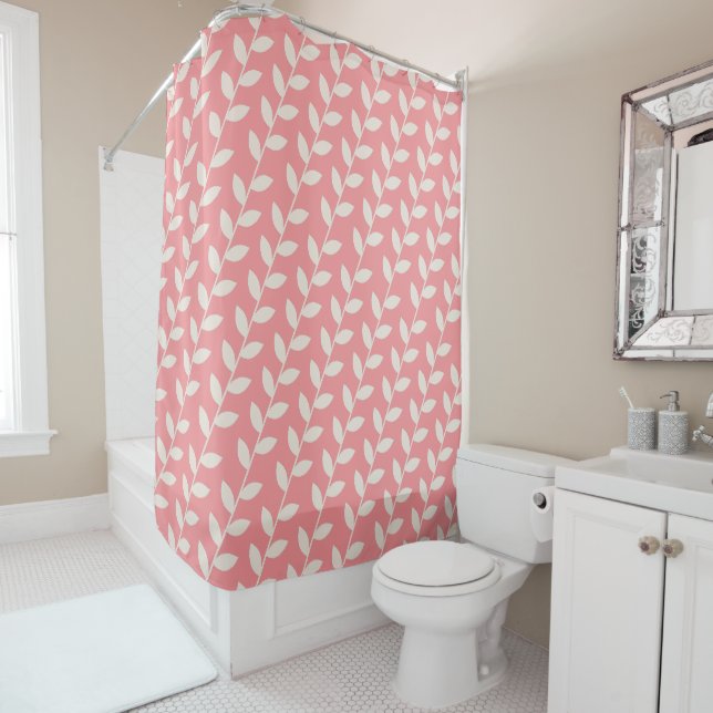 Custom Pink 70s Retro Leaf Pattern  Shower Curtain (In Situ)