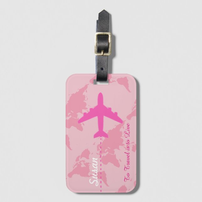 custom pink airplane travel girly luggage tag (Front Vertical)