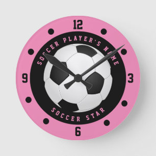 Custom Pink and Black Girl's Soccer Star Player R Round Clock