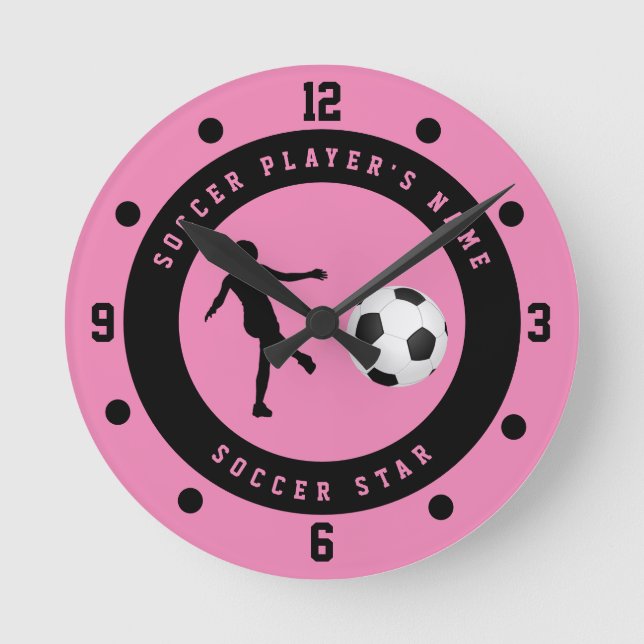 Custom Pink and Black Girl's Soccer Star Player   Round Clock (Front)