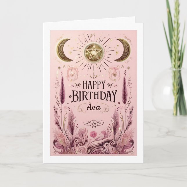 Custom Pink and Gold Floral Celestial Birthday Card (Front)