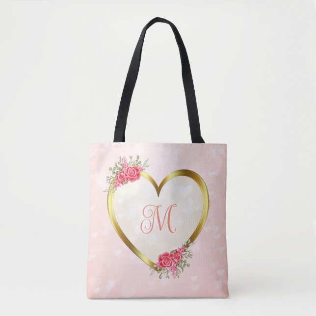 Custom Pink and Golden Heart Tote Bag (Front)