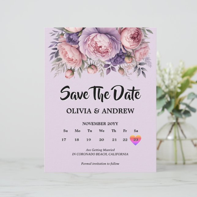 Custom Pink and Purple Floral Save the Date Card (Standing Front)