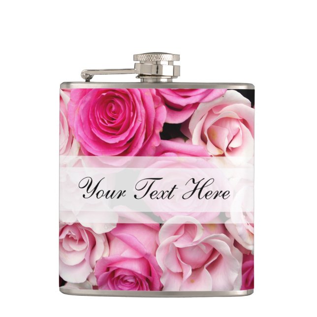 Custom Pink and White Roses Hip Flask (Front)