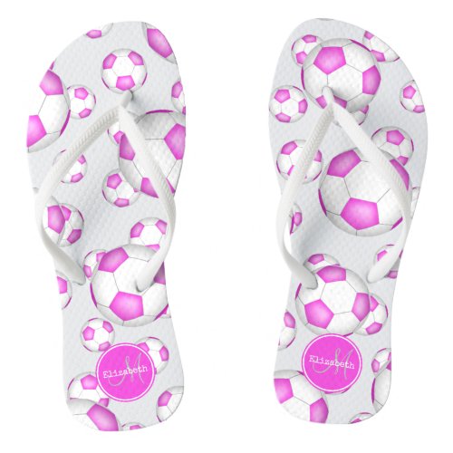 custom pink and white soccer balls pattern flip flops