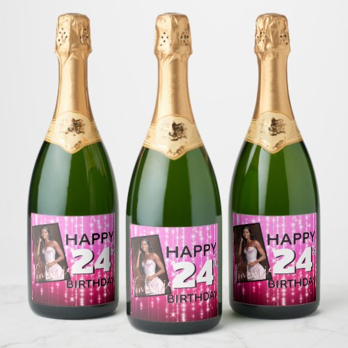 Custom Pink Any Age Sparkles Photo Birthday Sparkling Wine Label
