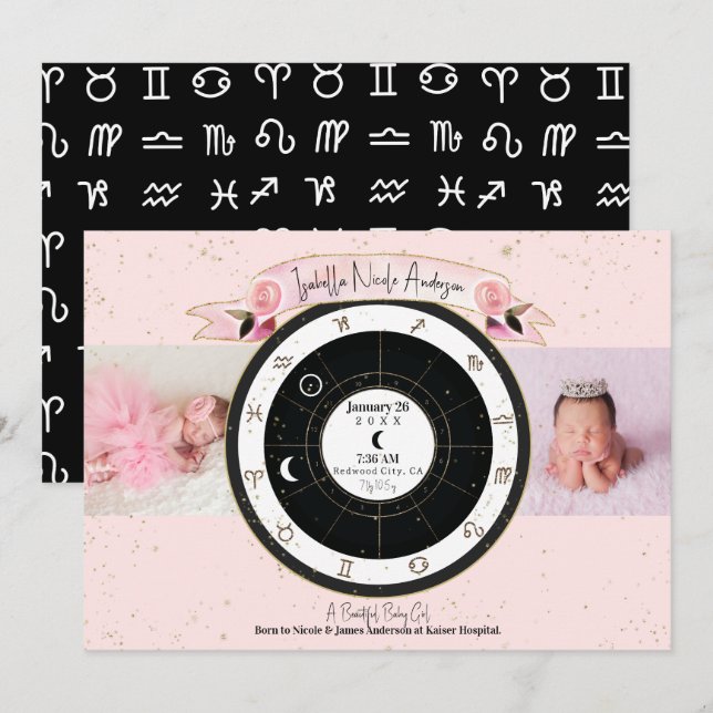 Custom Pink Astrology Sun Moon Birth Announcement (Front/Back)