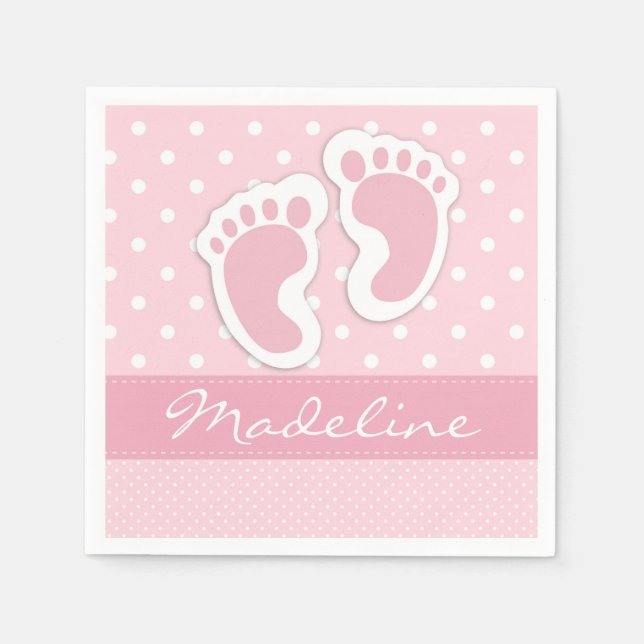 Custom Pink Baby Feet White Polkadots Pattern Paper Napkins (Front)