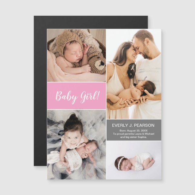 Custom Pink Baby Girl 2nd child Photo Collage Magnetic Invitation (Front/Back)