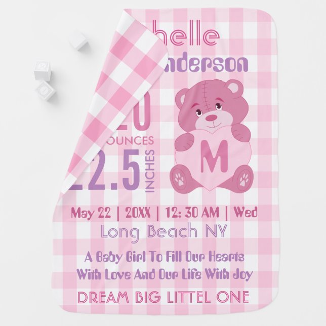 Custom pink baby girl birth stats swaddle blanket (In Situ)