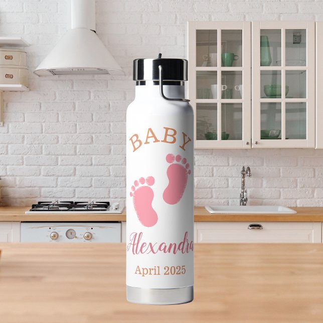 Custom Pink Baby Name Announcement Water Bottle (Creator Uploaded)