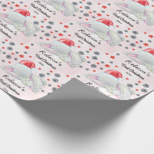 Custom Pink Baby's Girl First Christmas Elephant Wrapping Paper
