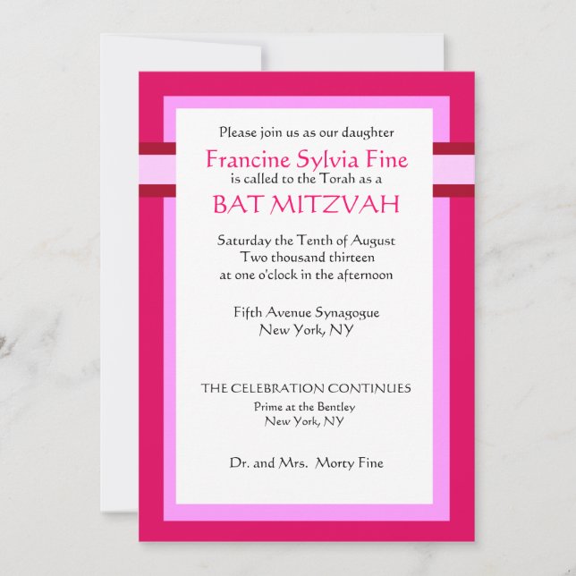 Custom Pink Bat Mitzvah Invitations (Front)