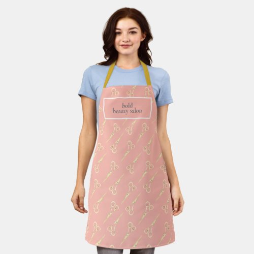 Custom Pink Beauty Salon Name Gold Clippers Staff Apron