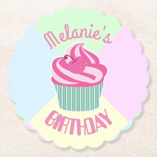 Custom Pink Birthday Cupcake Paper Coaster (Front)