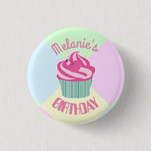 Custom Pink Birthday Cupcake Personalised Button