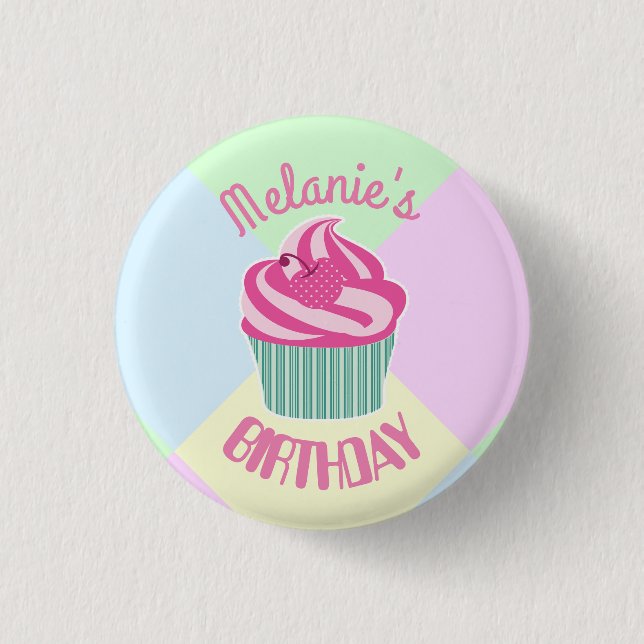 Custom Pink Birthday Cupcake Personalised Button (Front)