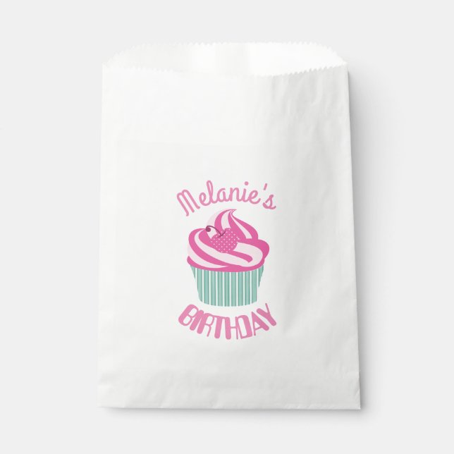 Custom Pink Birthday Cupcake Personalised Favor Bag (Front)