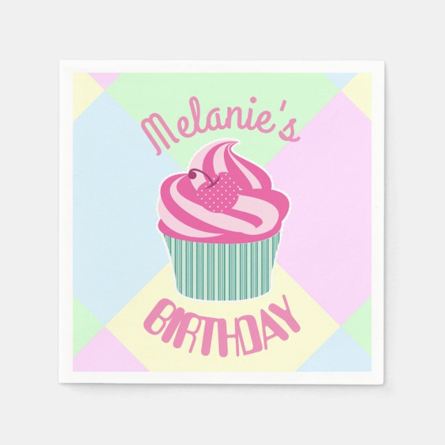 Custom Pink Birthday Cupcake Personalised Napkins (Front)