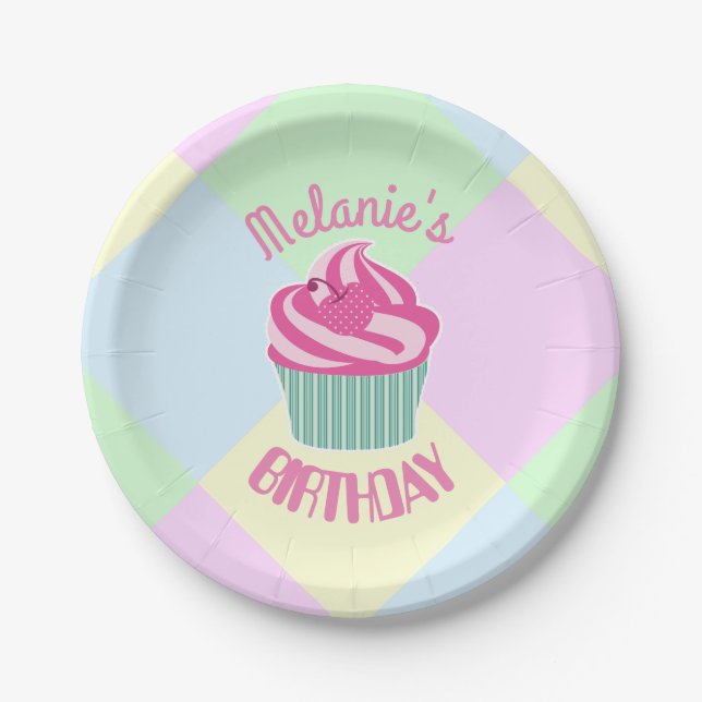 Custom Pink Birthday Cupcake Personalised Paper Plates (Front)