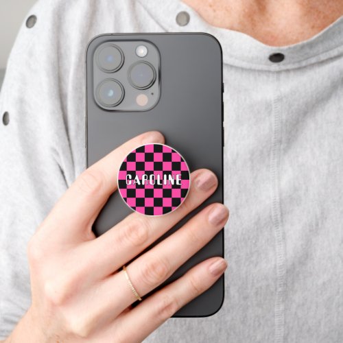 Custom Pink Black Abstract Geometric Check Art PopSocket