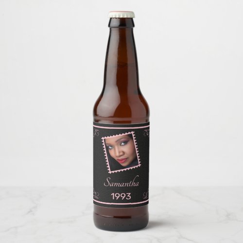Custom Pink Black Photo Birthday Beer Bottle Label