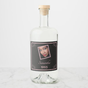 Custom Pink Black Photo Birthday Liquor Bottle Label