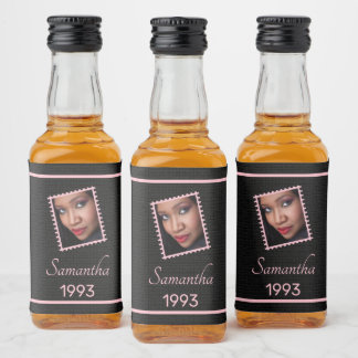 Custom Pink Black Photo Birthday Mini Liquor Bottle Label