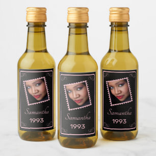 Custom Pink Black Photo Birthday Wine Label