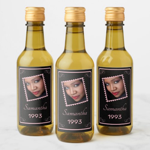 Custom Pink Black Photo Birthday  Wine Label