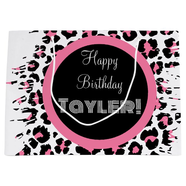 Custom Pink Black & White Cheetah Print Large Gift Bag (Front)