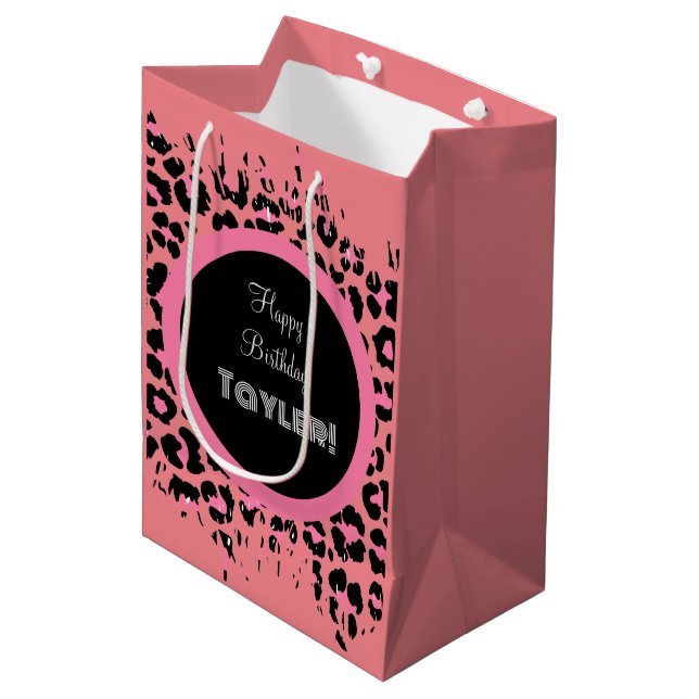 Custom Pink Black & White Cheetah Print Medium Gift Bag (Front Angled)