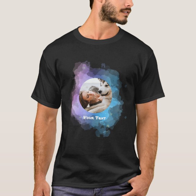 Custom Pink Blue Photo and Text T-Shirt (Front)