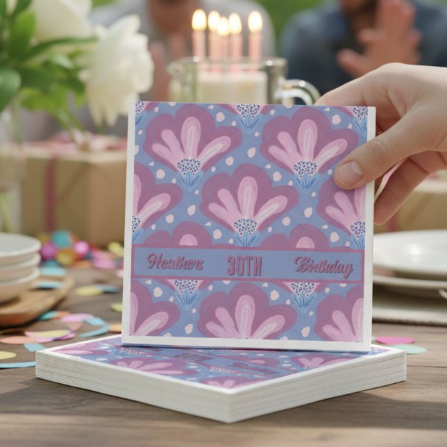Custom Pink Blue Watercolor Floral Birthday Napkins (Hand painted pink and blue flowers with an area to customize make these paper napkins chic and cute)