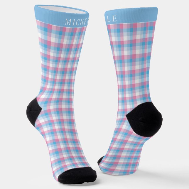 Custom Pink Blue White Checkered Pattern Socks (Angled)