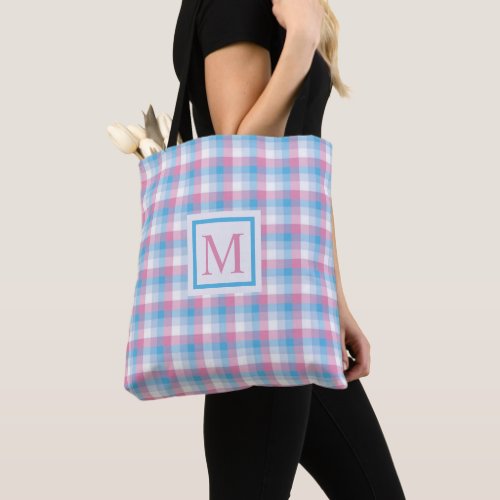 Custom Pink Blue White Checkered Pattern Tote Bag