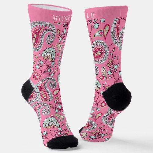 Custom Pink Blue White Paisley Pattern Socks