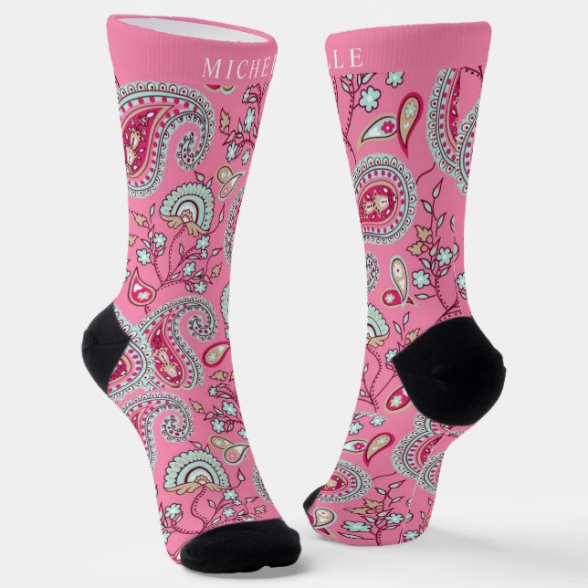 Custom Pink Blue White Paisley Pattern Socks (Angled)