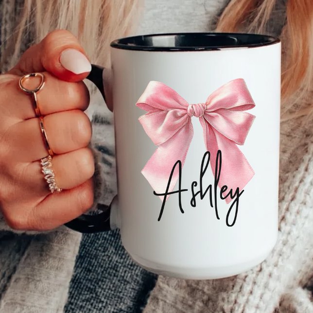 Custom Pink Bow Coffee Mug Birthday Gift for Women (personalized coffee mug,  birthday gift for her, bridesmaid coffee mug, gift for besties or coworker)