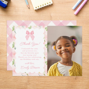 Custom Pink Bow Floral Coquette Aesthetic Photo Thank You Card