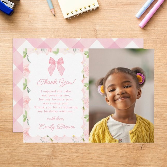Custom Pink Bow Floral Coquette Aesthetic Photo Thank You Card (Creator Uploaded)