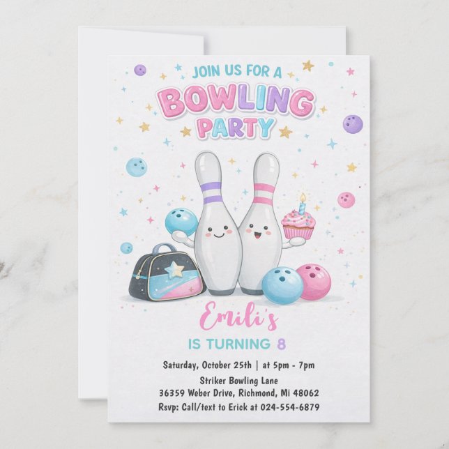 Custom Pink bowling Birthday Party Invitation (Front)