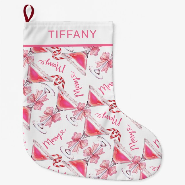 Custom Pink Candy Cane Martini Large Christmas Stocking (Front)