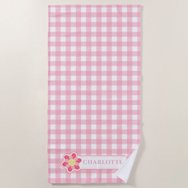 Custom Pink Check Cute Checkerboard Beach Towel (Front)