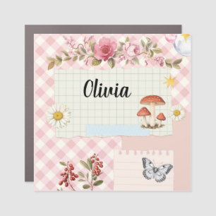 Custom Pink Checkered Car Magnet with Floral Desig