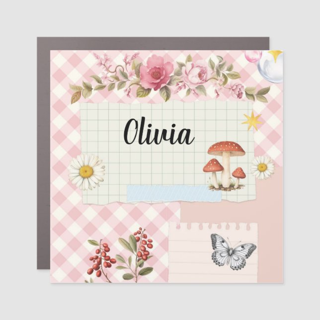 Custom Pink Checkered Car Magnet with Floral Desig (Front)