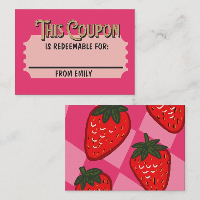 Custom Pink Checkered Strawberry Coupon Card (Front/Back)